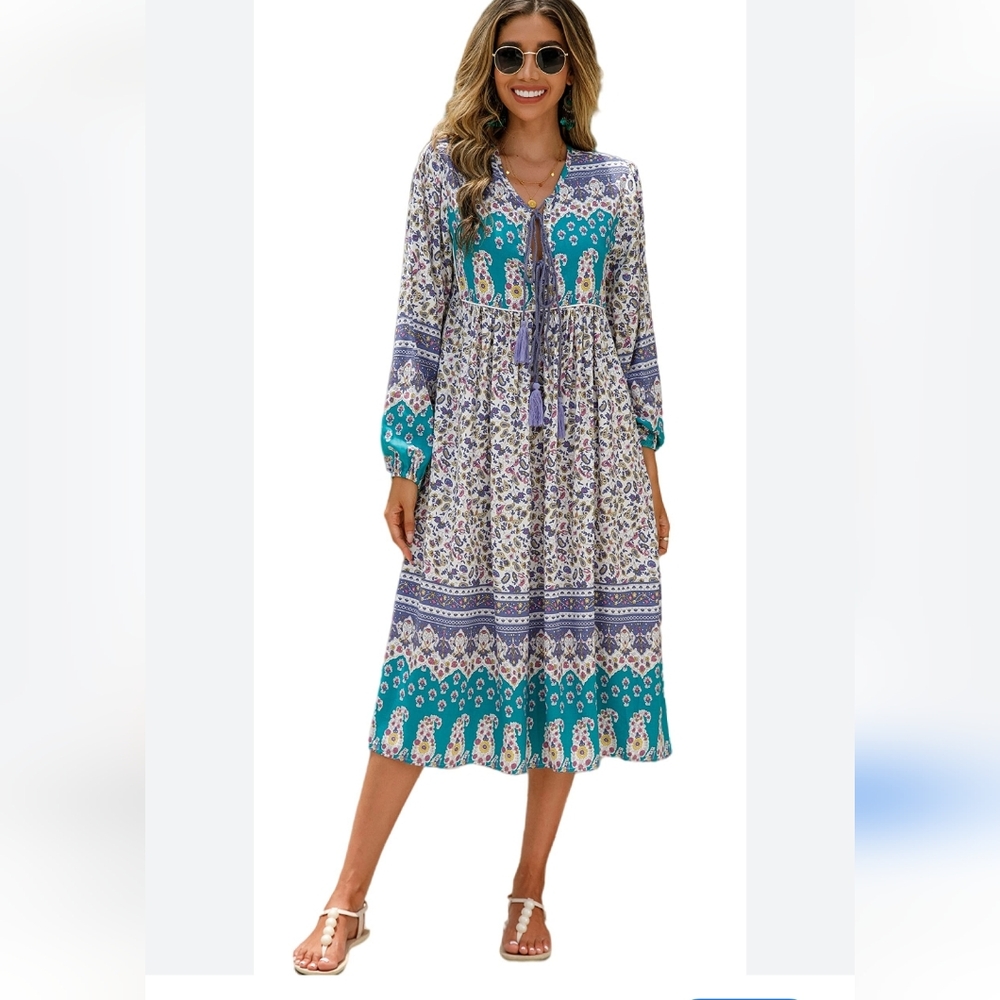 Floral Blue and White Midi Dress Size 6